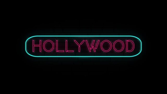 Neon text HOLLYWOOD on Black Background. 4k