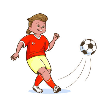 Boy Football Player Orange Shirt Shert Plays Football Kicking Ball Vector Illustration, Flat Cartoon