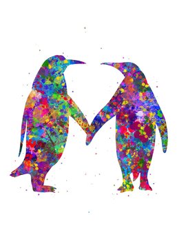 Penguin Couple Animal watercolor, abstract painting. Watercolor illustration rainbow, colorful, decoration wall art.
