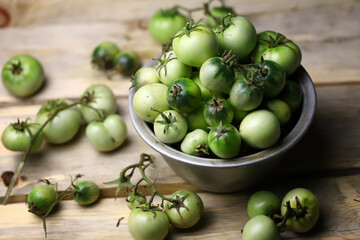 Green tomatoes in a bowl. Harvesting green tomatoes.