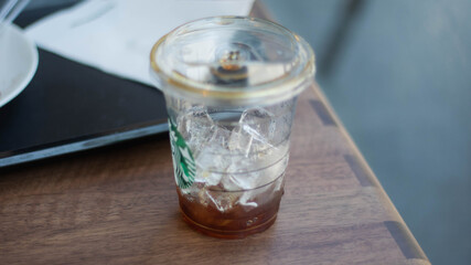 Pieces of ice left at the bottom of cold coffee