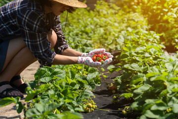Female hands in gloves hold a handful of juicy ripe red strawberries. A  girl in a straw hat picks berries in her garden on a summer sunny day.
