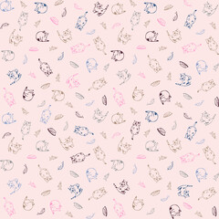 House cat seamless pattern with soft pink background. Funny cat illustration in vector in pastel colors. Home decor print. Children room decor