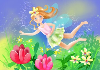 Naklejka na ściany i meble girl fairy in the field with flowers