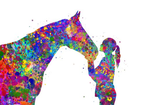 Girl with horse animal watercolor, abstract painting. Watercolor illustration rainbow, colorful, decoration wall art.
