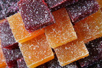 colorful jelly in sugar on square fruit jelly sprinkled with sugar closeup background texture top view