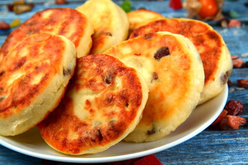 cottage cheese pancakes on wooden table