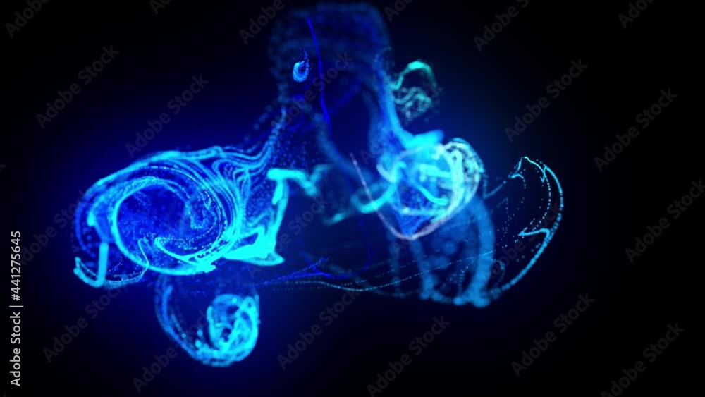 Aufkleber injection of fluorescent blue ink in water in 4k. 3d render of glow particles in ink flow. luma matt