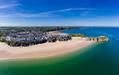 Aerial view of the beach and coastline of Tenby, Wales