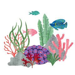 Naklejka premium Colorful watercolor coral reef scene with fish. Vector marine illustration.
