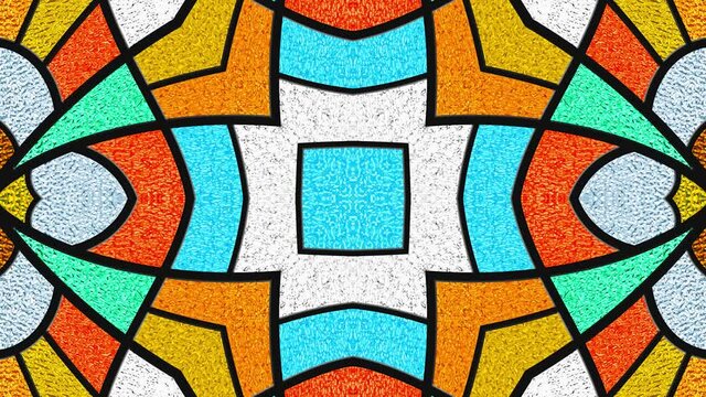 Stained glass. Seamless looping multicolor animation footage. Kaleidoscopic dynamic background. Psychedelic motion design. Dj loop. Optical illusions. Vj loops. Transformations. Template. Design. 4K