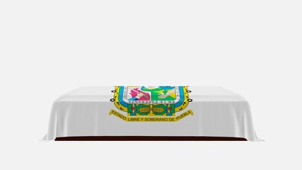 Side View of a Casket on a White Background covered with the Flag of Puebla