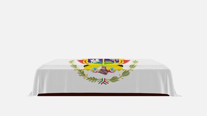 Side View of a Casket on a White Background covered with the Flag of Queretaro