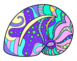 Snail shell - vector linear full color zentangle illustration - with sea animal living in the ocean. Template for stained glass, batik or coloring. Zentangled clam shell