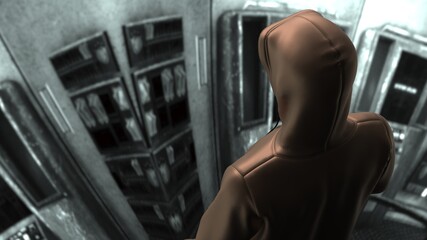 Fototapeta na wymiar Anonymous hacker with blown leather hoodie in shadow under spaceship inside background. Dangerous criminal concept image. 3D CG. 3D illustration. 3D high quality rendering.