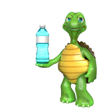 turtle cartoon is holding a water bottle