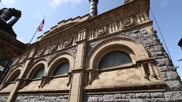 Beautiful architecture of a vintage building and flags of USA and Ohio state