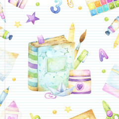Back to school watercolor text book, diary, book, pen, pencil, brush, paint, stars, children illustration, art and craft school supplies, poster, square design, colorful background, square template