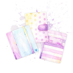 Set of back to school pink and blue notebooks, notepads, flatlay, pencils, crafty, arty, stationery, stickers, for planner, card, diary, watercolor illustration,  lifestyle, feminine design, square
