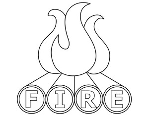 Financial independence retire early symbol - vector linear picture for coloring with fire and FIRE abbreviation on firewood cuts. Outline. Metaphor, Financial independence retire early logo.