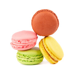 Fresh macaroons isolated on white background. Sweet and colourful french macaron.