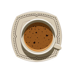 Aromatyczna gorąca kawa w porcelanowej filiżance. Cappuccino z dużą ilością mleka i serduszkami na piance. Ilustracja dla kawiarni lub restauracji. Element ulotki lub menu. - obrazy, fototapety, plakaty