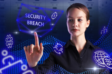 Business, Technology, Internet and network concept. Young businessman working on a virtual screen of the future and sees the inscription: Security breach
