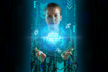 Business, Technology, Internet and network concept. Young businessman working on a virtual screen of the future and sees the inscription: Best practice