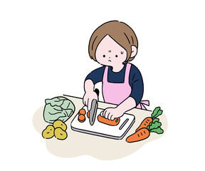 野菜を切る主婦　困り顔