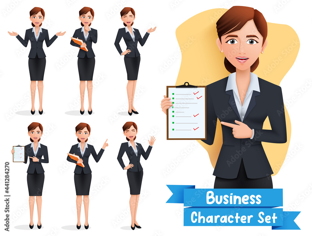 Poster business woman character vector set. businesswoman characters with pose and gestures like standing a