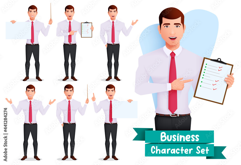 Poster businessman characters vector set. business man character holding and showing checklist element for 