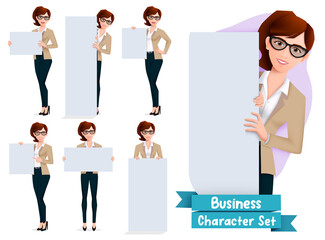 Business woman presentation character vector set. Businesswoman characters in presenting pose and gestures holding whiteboard element for employee presenter collection design. Vector illustration
 - obrazy, fototapety, plakaty