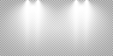 White scene on with spotlights. Spotlights with bright lights on transparent background.