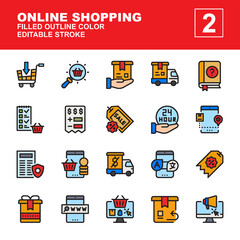 Icon Set Shopping Online with line colored style. Contains such of find product, buy, gift box, searching, policy rules, faq,  invoices, coin, shopping list and more. You can use for web, app and more