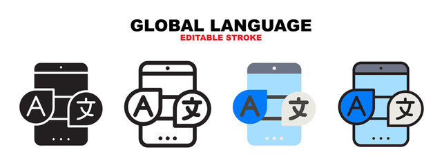 Global Language icon set with different styles. Icons designed in filled, outline, flat, glyph and line colored. Editable stroke and pixel perfect. Can be used for web, mobile, ui and more.