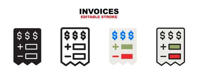 Invoices icon set with different styles. Icons designed in filled, outline, flat, glyph and line colored. Editable stroke and pixel perfect. Can be used for web, mobile, ui and more.
