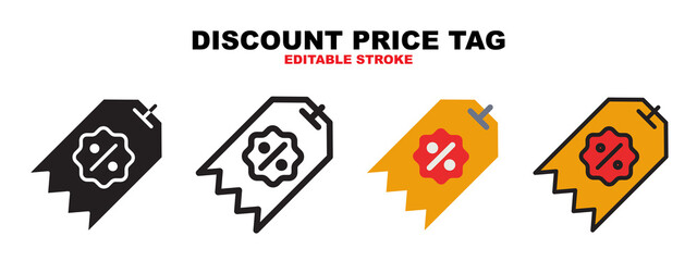 Discount Price icon set with different styles. Icons designed in filled, outline, flat, glyph and line colored. Editable stroke and pixel perfect. Can be used for web, mobile, ui and more.