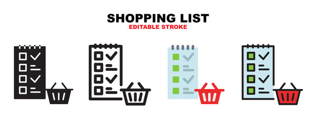 Shopping List icon set with different styles. Icons designed in filled, outline, flat, glyph and line colored. Editable stroke and pixel perfect. Can be used for web, mobile, ui and more.