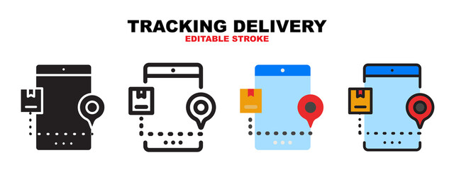 Tracking Delivery icon set with different styles. Icons designed in filled, outline, flat, glyph and line colored. Editable stroke and pixel perfect. Can be used for web, mobile, ui and more.