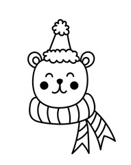 Cute smiling bear in a hat with a pompom and a scarf isolated on white background. Vector hand-drawn illustration in doodle style. Perfect for cards, decorations, holiday designs.