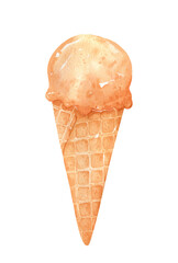 Caramel ice cream in a waffle cone isolated on white background. Watercolor hand-drawn illustration. Perfect for cards, menu, prints, decorations, covers.
