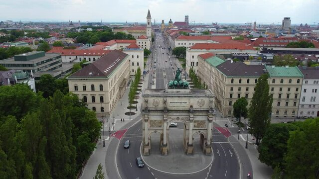 Victory Gate in Munich at Ludwig street - aerial view - drone photography