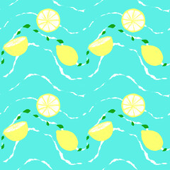 Lemons pattern Hand drawn fruit illustration Summer citrus Whole cut in half sliced on pieces lemons