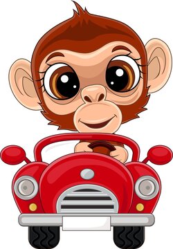 Cartoon baby monkey driving red car