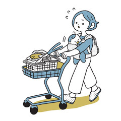 赤ちゃんを連れてカートで買い物をする主婦　困り顔　シンプル