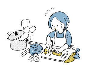 慌ただしく料理をする主婦　シンプル