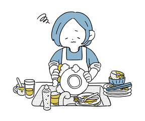 食器洗いをめんどくさがる主婦　困り顔　シンプル