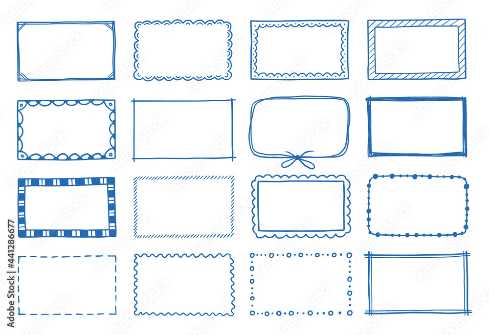 Aufkleber Hand drawn set of rectangle frame. Doodle sketch style. Frame with scrawl and scratch border. Vector illustration.