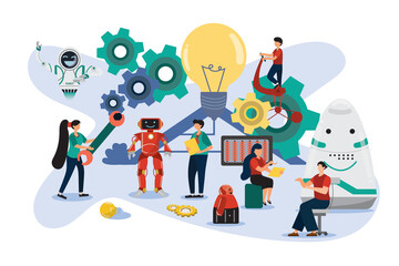 Flat illustration, robots can be employees in companies helping people in the organization move their business forward. The robot's artificial intelligence may be more intelligent than humans.