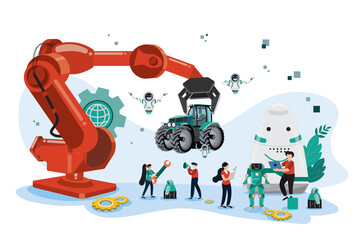 Flat illustration. Robots are helping humans to produce tractors that make work fast and accurate. The robot's artificial intelligence that may be more intelligent than human beings in the future.